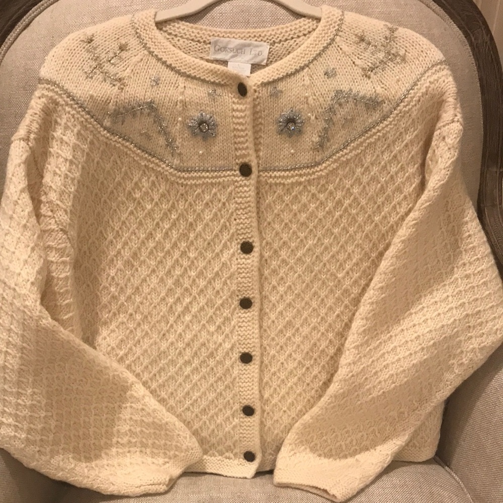 Gorsuch Ltd. Cream 100% Wool Cardigan Silver Gold Pearl Rhinestone L